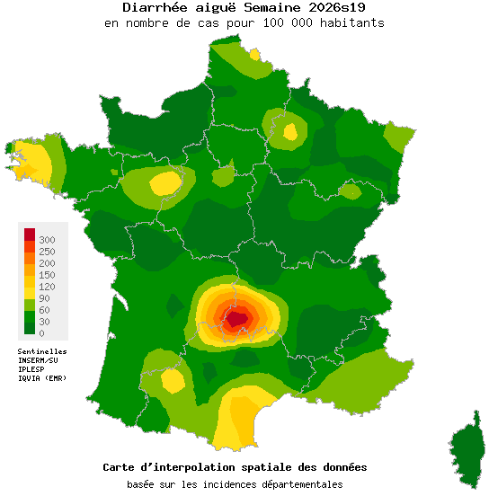 Carte d'incidence de Diarrhée aiguë en France - Réseau Sentinelles