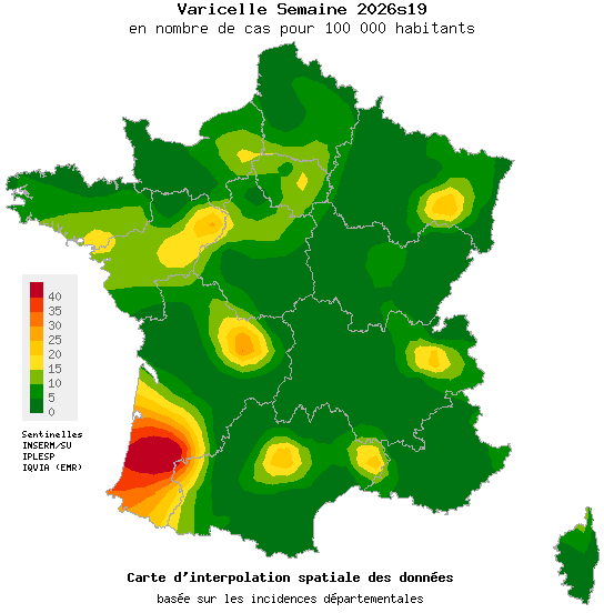 Carte d'incidence de Varicelle en France - Réseau Sentinelles
