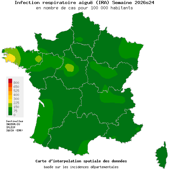 Carte d'incidence de Infection Respiratoire Aiguë (IRA) en France - Réseau Sentinelles